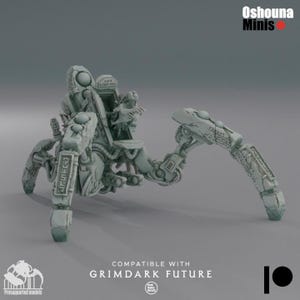 May include: A gray, detailed, multi-legged, mechanical walker with a cockpit. The walker is compatible with GrimDark Future.