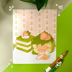 Impression d'art ours en peluche desserts matcha | postale mignonne | de voeux | Impressions d'aliments kawaii | Décoration murale mignonne | Carte postale d'anniversaire