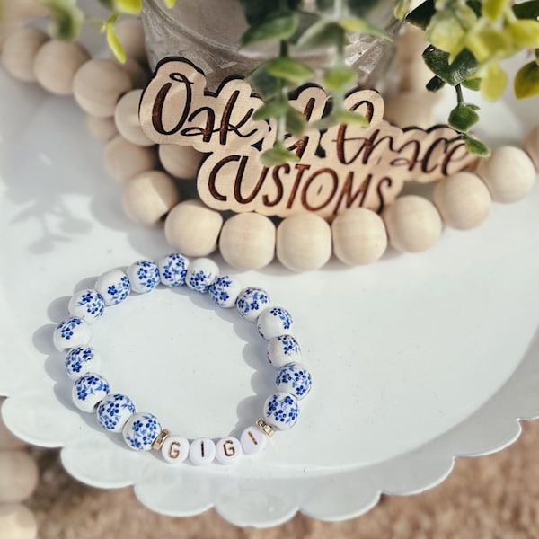Blue Floral Bracelet | Grandmother Bracelet | Porcelian 18k gold