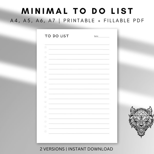 Minimal to do list - printable daily notes, Good notes planner, simple daily task notes, A4, A5, A6, A7 size