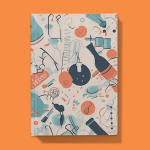 以下が含まれることがあります： 抽象的な形、ボトル、その他のオブジェクトのカラフルなパターンが描かれた白いノートカバー。パターンには、青、オレンジ、白の色合いが含まれています。