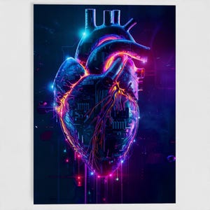 Könnte beinhalten: Ein digitaler Kunstdruck mit einem stilisierten menschlichen Herzen im futuristischen Cyberpunk-Stil. Das Herz ist in Blau-, Lila- und Orangetönen gehalten, mit leuchtenden Linien und Leiterplattendetails. Das Kunstwerk hat einen dunklen Hintergrund mit Neonakzenten.
