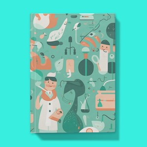 May include: A teal blue notebook cover with a whimsical pattern of colorful illustrations. The illustrations include a bird, a bottle, a person, and other abstract shapes.