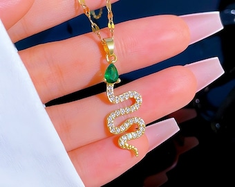 Emerald Snake Pendant Necklace: Gold Medusa Jewelry