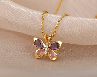 Gold Butterfly Necklace: Amethyst & Gemstone Pendant, Summer Jewelry