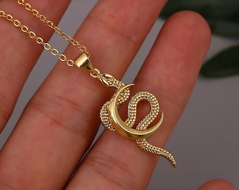 Gold Moon Snake Pendant Necklace: Dainty Medusa Jewelry