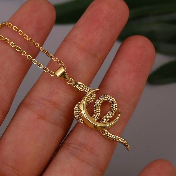 Gold Moon Snake Pendant Necklace: Dainty Medusa Jewelry