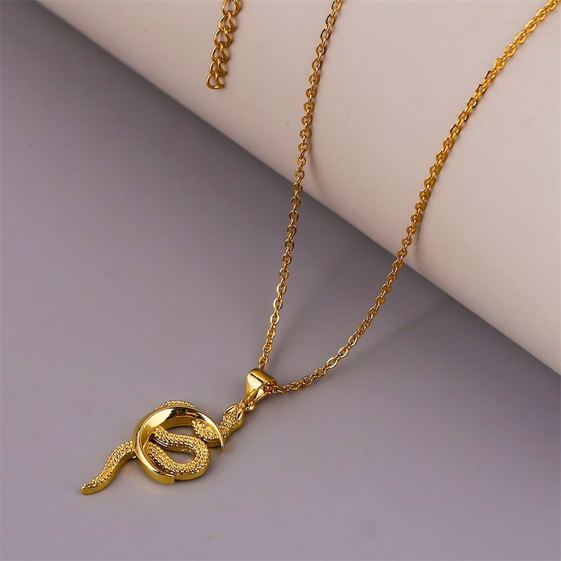 May include: A gold chain necklace with a snake pendant. The snake is curled up and has a textured surface.