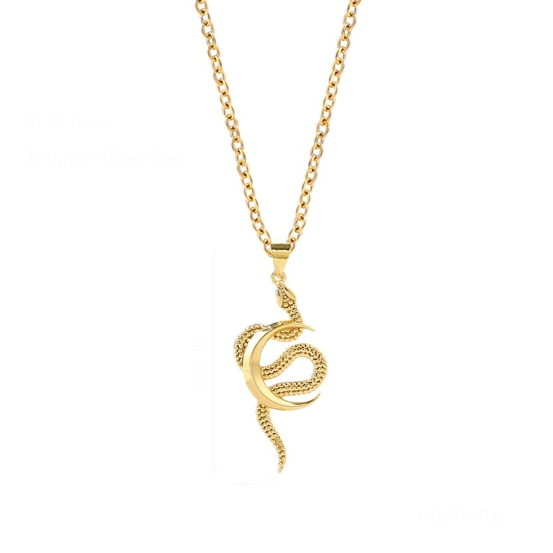 May include: A gold chain necklace with a pendant featuring a snake wrapped around a crescent moon.