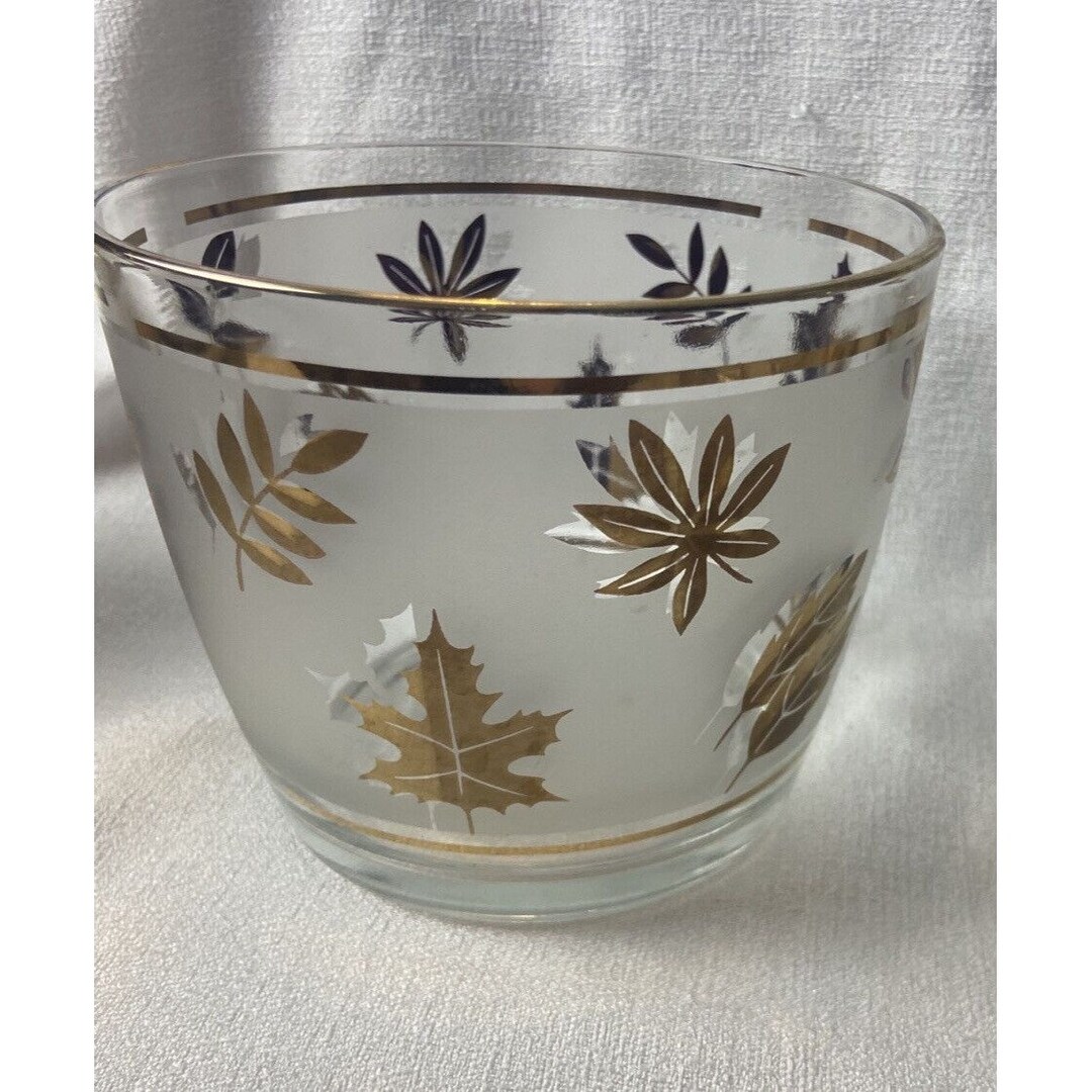 Libbey Frosted Glass Ice Bucket Barware Midcentury Modern Gold Leaf