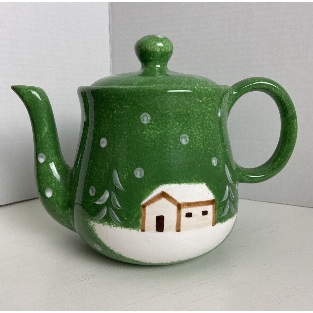 Log Cabin Christmas Winter Tea Pot Macys the Cellar 2001 Green Holiday