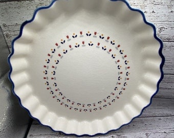 Vtg Country Borders Quiche Tart Pie Dish 10” White Stoneware Blue Trim Japan