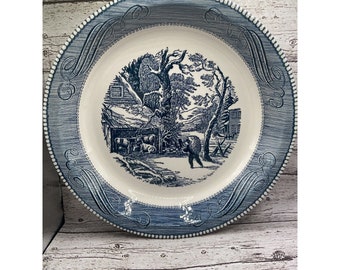 Royal China Currier And Ives "Snowy Morning" Pie Plate Baking 10" Blue & White