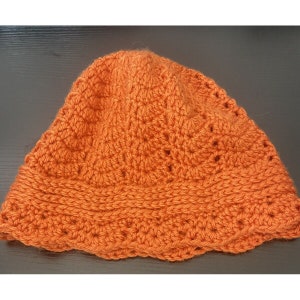 Handmade Womens Orange Crochet Hat Scalloped Edges Beanie