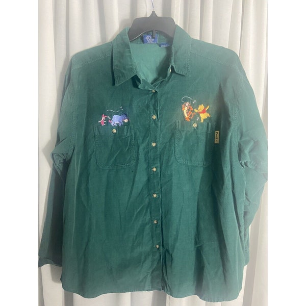 Vtg Womens Disney POOH Button Shirt XL Winnie The Pooh Friends Green Corduroy