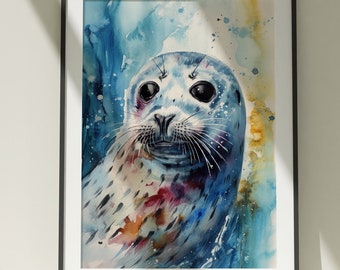 アザラシの水彩画アートプリント - 鮮やかな海の生き物の絵画 - Etsy 日本