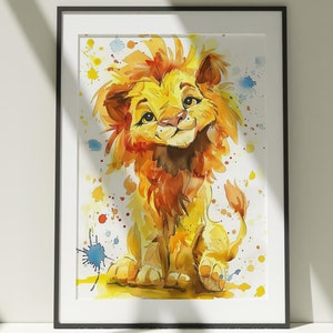 Löwe Kinderzimmer Kunstwerk, Kinderzimmer Malerei, Wandkunst, Leinwand Poster, Aquarell, bunte Illustration, Natur, Minimalistisches Dekor