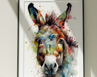 Donkey Painting Wall Art, Canvas Poster, Gift, Watercolor, Colorful Animal Painting Illustration, Nature Wall Art, Home Decor, Print