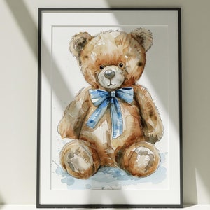 Impressão de arte de parede de berçário de ursinho de pelúcia, pintura, pôster de tela, aquarela, ilustração colorida, natureza, decoração minimalista, arte de quarto infantil