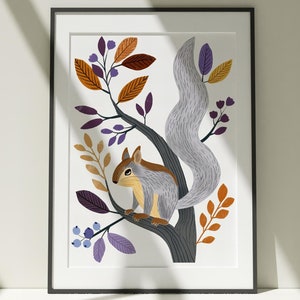 Eichhörnchen Malerei, Kinderzimmer Wandkunst, Leinwand Poster, Aquarell, bunte Illustration, Natur, minimalistisches Dekor, Kinderzimmer Kunstwerk