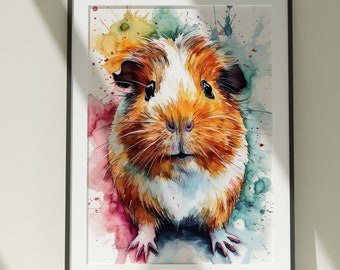 Guinea Pig Painting Wall Art, Canvas Poster, Gift, Watercolor, Colorful Animal Painting Illustration, Nature Wall Art, Home Decor, Print