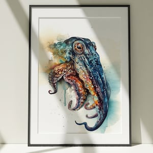 Inktvis schilderij kunst aan de muur, canvas poster, cadeau, aquarel, kleurrijke dieren schilderij illustratie, natuur kunst aan de muur, decor van het huis, afdrukken