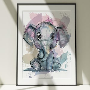 Aquarell Baby Elefant Malerei, Wandkunst, Leinwand Poster, bunte Illustration, Natur, Minimalist Dekor, Kinderzimmer Junge Mädchen Zimmer Kunstwerk