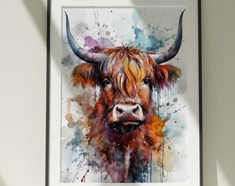 Highland Cow Painting Wall Art, Canvas Poster, Gift, Watercolor, Colorful Animal Painting Illustration, Nature Wall Art, Home Decor, Print
