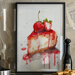Strawberry Cheesecake Painting, Coffee Shop Aesthetics Wall Art, Canvas Poster, Watercolor Colorful Illustration, Kitchen Cake Wall Decor