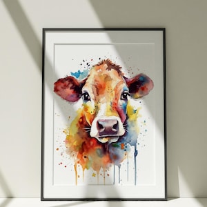 Baby Calf Watercolor Art | Farm Animal Print | Rustic Country Decor | Adorable Cow Painting | Barnyard Nursery Art | Gentle Livestock