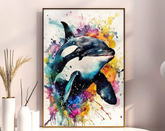 Orca Painting Watercolor Killer Whale Wall Art Canvas Poster Colorful Animal Drawing Home Decor Illustration Wild Nature Portrait Print