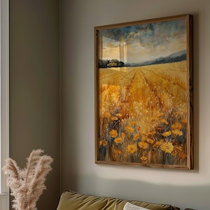 Golden Fields Malerei, Wandkunst, Leinwand Poster, Aquarell, bunte Illustration, Natur Minimalist Dekor, Herbst Kunstwerk, Kunst für Wohnzimmer
