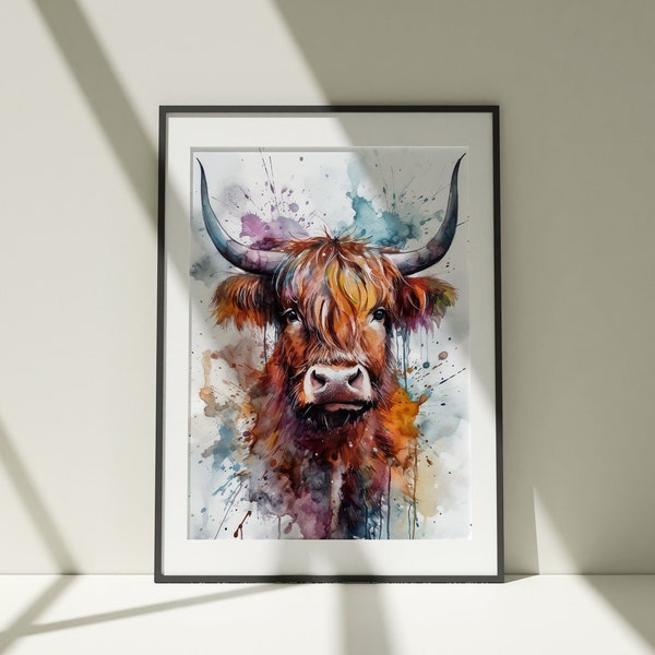 Art mural peinture vache Highland, Poster en toile, Cadeau, Aquarelle, Illustration de peinture animalière colorée, Art mural nature, Décoration d'intérieur, Impression