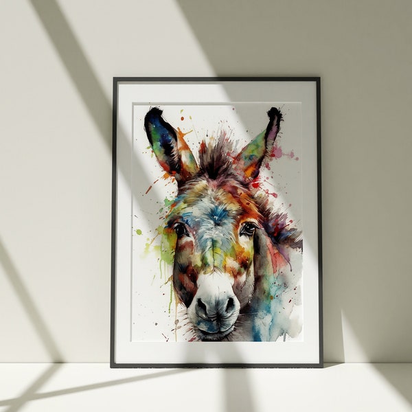 Donkey Painting Wall Art, Canvas Poster, Gift, Watercolor, Colorful Animal Painting Illustration, Nature Wall Art, Home Decor, Print