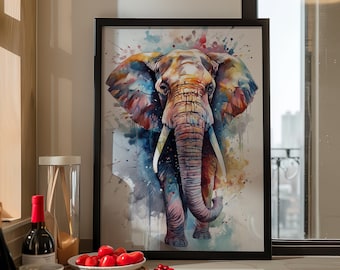 Elefant Malerei Wandkunst, Leinwand Poster, Geschenk, Aquarell, Bunte Tiermalerei Illustration, Natur Wandkunst, Wohnkultur, Druck