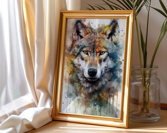 Gray Wolf Painting Wall Art, Canvas Poster, Gift, Watercolor, Colorful Animal Painting Illustration, Nature Wall Art, Home Decor, Print