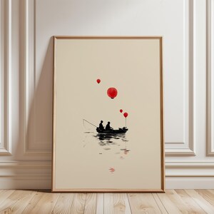 Stampa di una barca da pesca con palloncini rossi – Quadro da parete con sereno riflesso sul lago