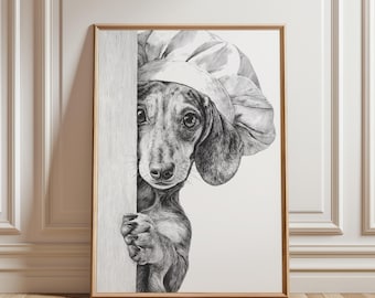 Dachshund Chef Hat Print: Vintage Style Black and White Dog Wall Art