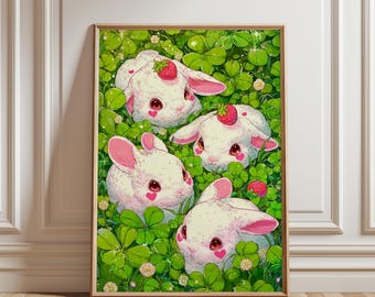 Kawaii Bunny Strawberry Clover Print: Nursery Wall Art Illustration