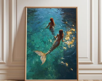 Dos sirenas nadando: lámina decorativa de fantasía oceánica serena