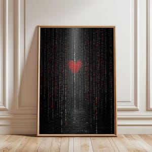 May include: A rectangular wall art print in a light wood frame featuring a digital matrix design. The artwork displays vertical columns of white and red binary code and numbers against a black background, with a solid red heart in the center.