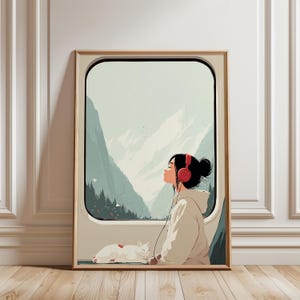 Può includere: Stampa artistica incorniciata raffigurante una persona con cuffie rosse che guarda un paesaggio montano attraverso il finestrino di un treno. Un gatto bianco con segni rossi dorme. L'opera è in stile minimalista e con colori tenui.