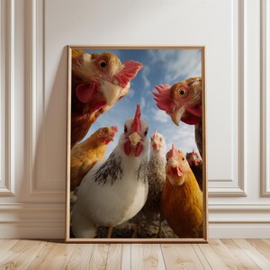 May include: A framed wall art print featuring a low-angle, wide-lens perspective of six chickens of various colours, including white, brown, and speckled, looking directly down at the camera against a bright blue sky with light clouds.