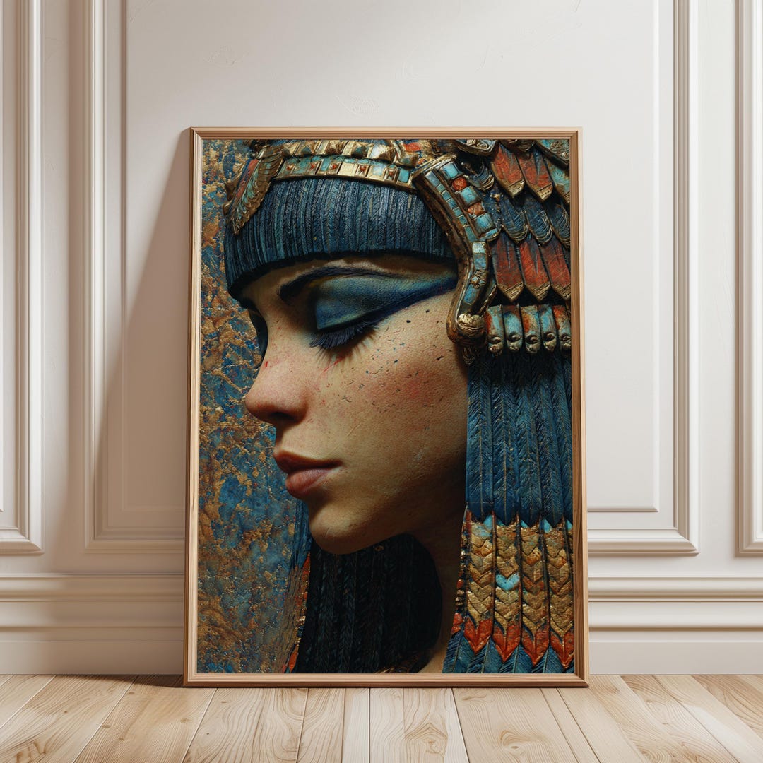 Y6-0530　金彩 エジプト 壁画 クレオパトラ 額装 古代エジプトの女王クレオパトラ風の肖像画、金と青のヘッドドレス