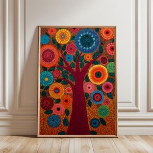 May include: A rectangular framed wall art piece featuring a central dark maroon tree trunk with branches extending outward. The tree is adorned with numerous circular, multi-colored floral patterns in shades of orange, blue, pink, and yellow.