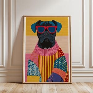 Lámina de arte pop con perro bóxer, suéter de retazos coloridos, gafas de sol, retrato divertido de mascota, lámina para pared