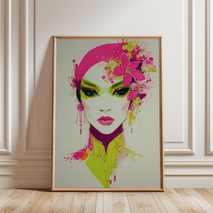 Stampa con illustrazione di una geisha al neon, ritratto floreale rosa acceso e verde, audace stampa artistica da parete in stile massimalista.