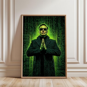 May include: A framed vertical wall art print featuring a person wearing dark sunglasses and a black coat with hands pressed together in a prayer gesture. The background consists of glowing green digital code patterns on a dark black field.