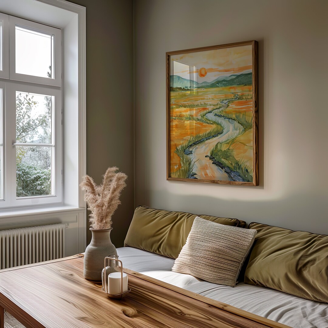 River Sunset Watercolor Art – Tranquil Landscape Canvas – Nature Wall ...