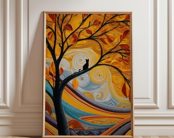 May include: A framed wall art print featuring a black cat silhouette perched on a tree branch. The artwork displays a swirling, textured background in shades of golden yellow, orange, and blue, with stylized leaves scattered throughout the scene.